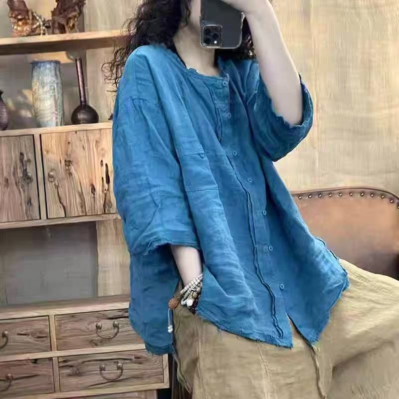 Japanese Style Women's Linen Sun Protection Cardigan Jacket, Vintage Oversized Loose Casual Frayed Edge Ramie Mid-Sleeve Shirt