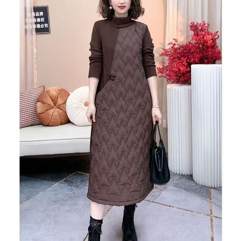 Foreign Trade Brand Cut-Label Women's Clothing Autumn and Winter Loose-Fitting Warm Fleece-Lined Patchwork Quilted Dress Retro Half-High Collar Long Dress Foreign Trade Brand Cut-Label Women's Clothing Autumn and Winter Loose-Fitting Warm Fleece-Lined Patchwork Quilted Dress Retro Half-High Collar Long Dress