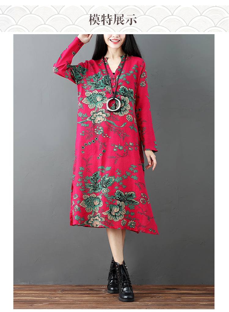 Váy mùa thu 2018 mới bằng vải cotton và vải lanh cỡ lớn cho nữ quốc gia áo dài tay cổ chữ V in họa tiết dài đến đầu gối đầm đi biển