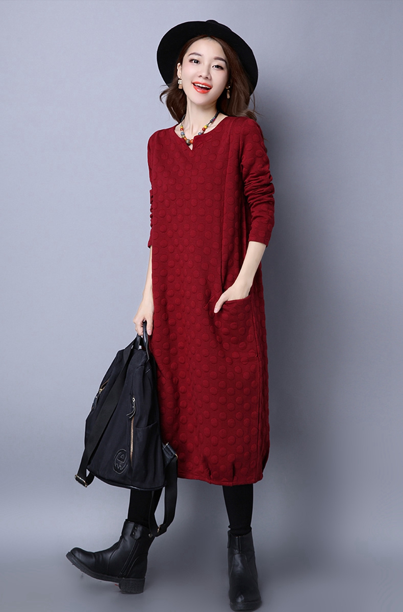 Đầm dạ hội nữ dày 2018 thu đông retro mới retro kết hợp với chất liệu nhung cotton và váy lanh rộng đầm ấm đầm dài qua gối de thương
