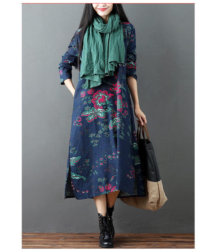 Váy mùa thu 2018 mới bằng vải cotton và vải lanh cỡ lớn cho nữ quốc gia áo dài tay cổ chữ V in họa tiết dài đến đầu gối đầm đi biển