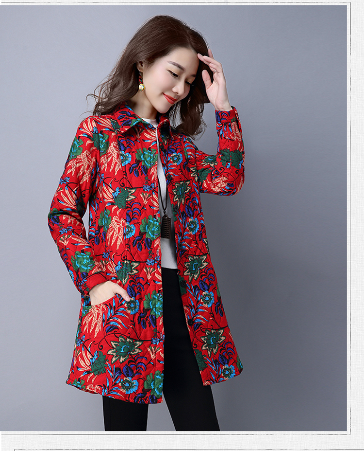 Quần áo thu đông 2018 mới cotton và vải lanh nữ cộng với size cộng với áo cotton dày áo khoác dài tay áo hoa ấm áp áo sơ mi vintage