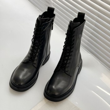 Guan produced high-quality foreign trade cowhide lace-up side zipper round-toe martin boots, women's knight boots, fashionable women's boots