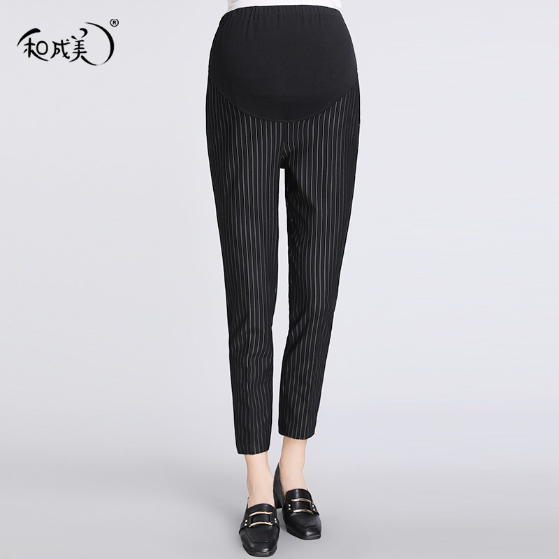 Spring and autumn maternity pants, elastic nine-point cigarette pants, professional interview tooling, outer wear, belly pants, striped pencil pants, trendy