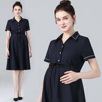 2022 Summer new short sleeves Pregnant Woman Lian Clothing Skirt Woman Business Career Tooling Hide Cyan Dress Positive Dress