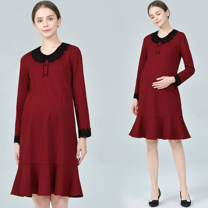 Breastfeeding pregnant women fashionably wine red dress loose large size fish tail dress during pregnancy