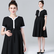 Pregnancy Woman Dress 2022 Summer Pregnant Woman With Clothing Skirt Woman Professional Black Mid-Length Short Sleeve Pregnancy Interview To Work Tooling