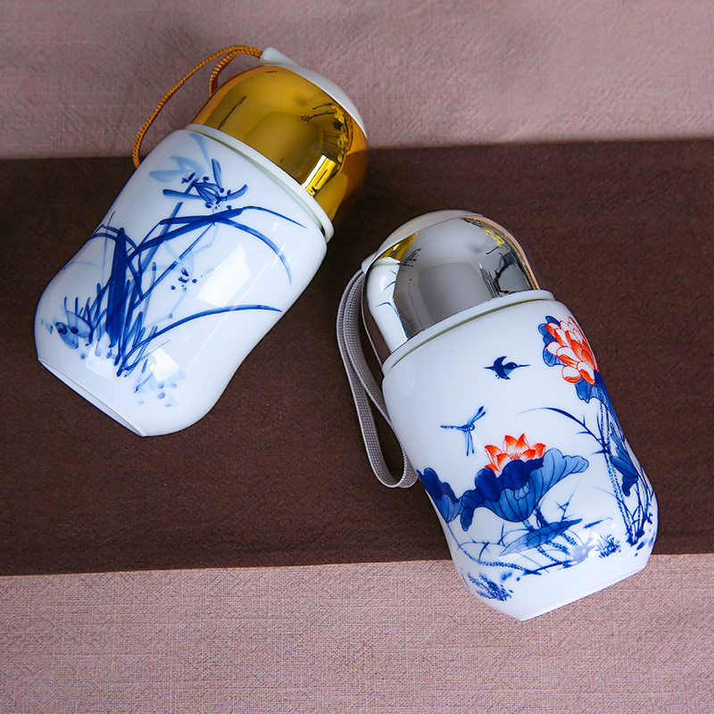 Jingdezhen ceramic vacuum cup "women with cover glass cup portable single bladder curing of blue and white porcelain cup gift mugs