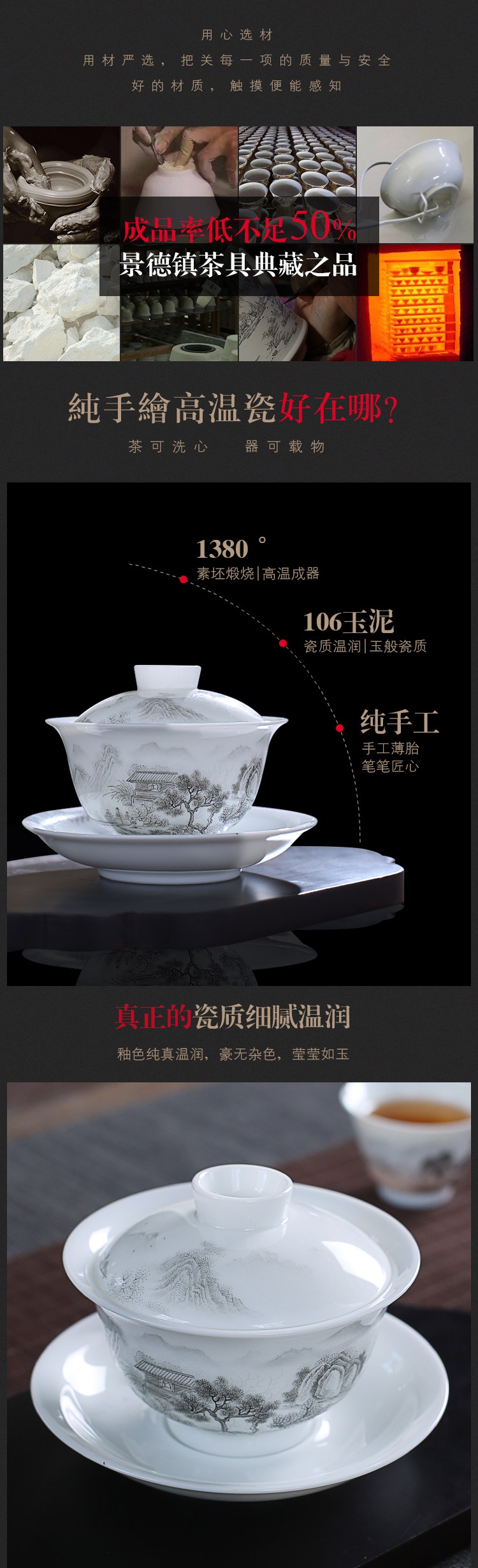 The Poly real jingdezhen hand - made ink landscape scene tureen single jade porcelain cups kung fu tea set ceramic tea bowl