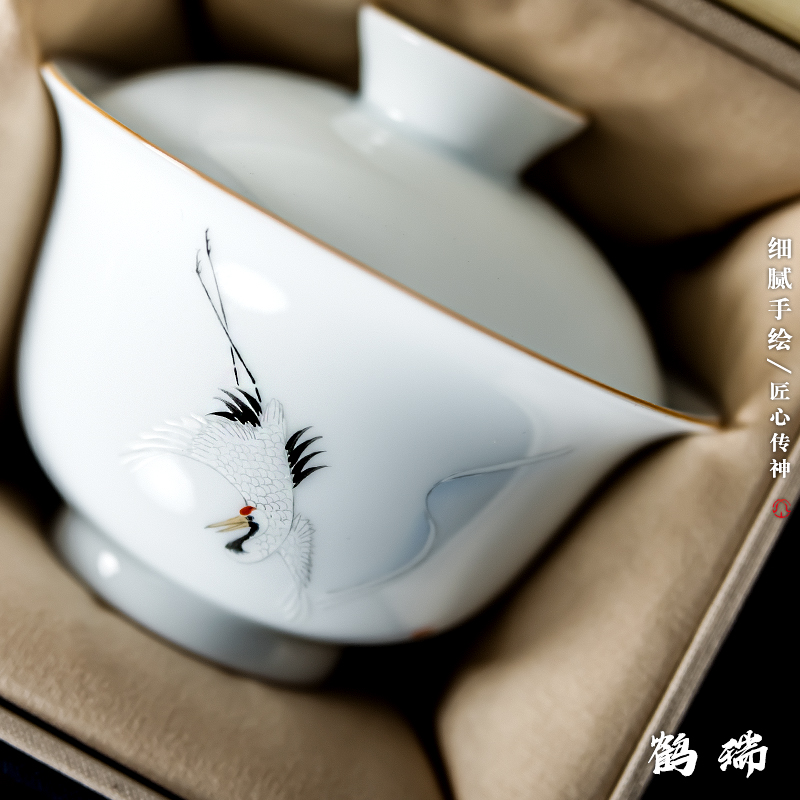 Poly real scene hand - made crane, jingdezhen ceramic tureen kung fu tea set three only tureen white porcelain tea tureen tea bowls