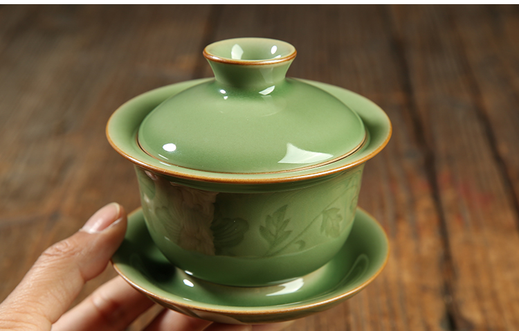 Poly real scene celadon kung fu tea cup wang wen cinnabar tire tureen ceramic bowl tea sample tea cup brother up by hand