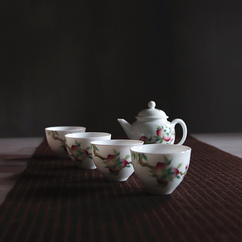 Poly real view jingdezhen high temperature hand peach colored enamel porcelain tea set tea service of a complete set of 5 caps gift boxes