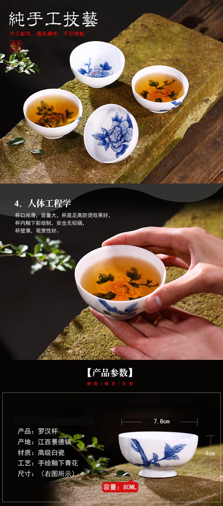 The Ocean 's poly real JingYouShi hin high - grade jingdezhen blue and white porcelain teacup hand - made kung fu name cup four cups