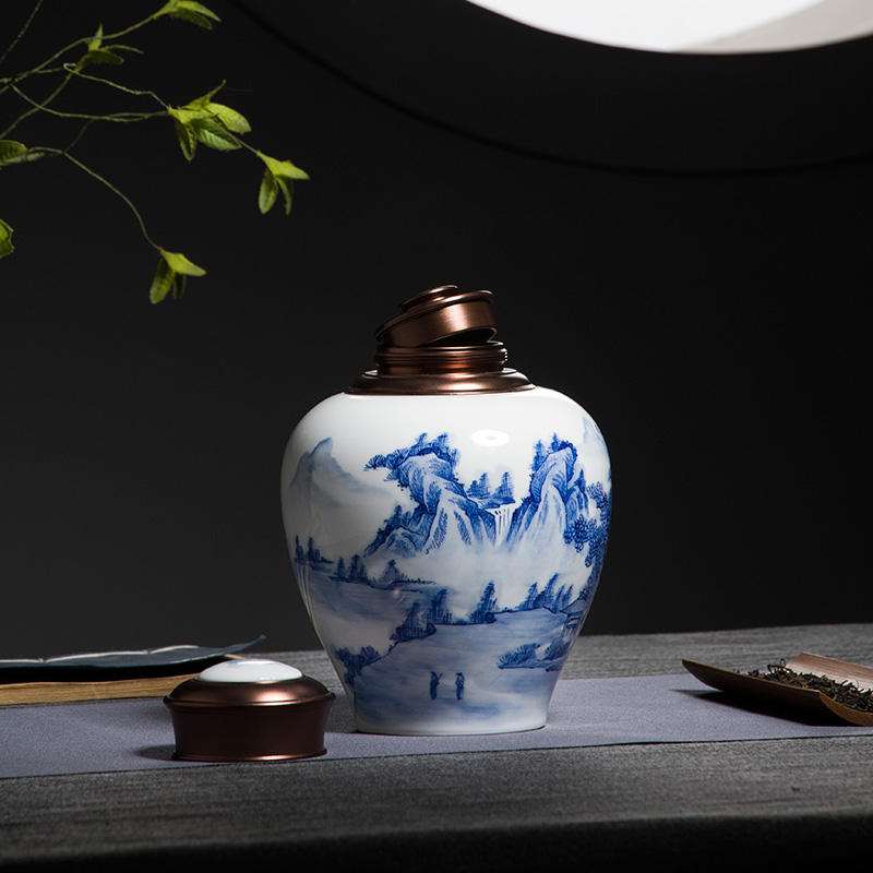 The Poly real view jingdezhen blue and white tea caddy fixings hand - made ceramic alloy cover seal warehouse two large household moistureproof