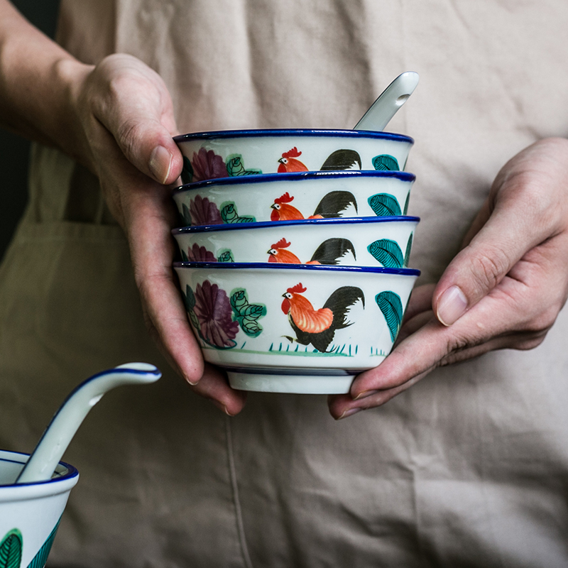 Retro nostalgia Chinese ceramic rooster large to thicken the soup bowl noodles bowl restaurant use ltd. ceramic tableware