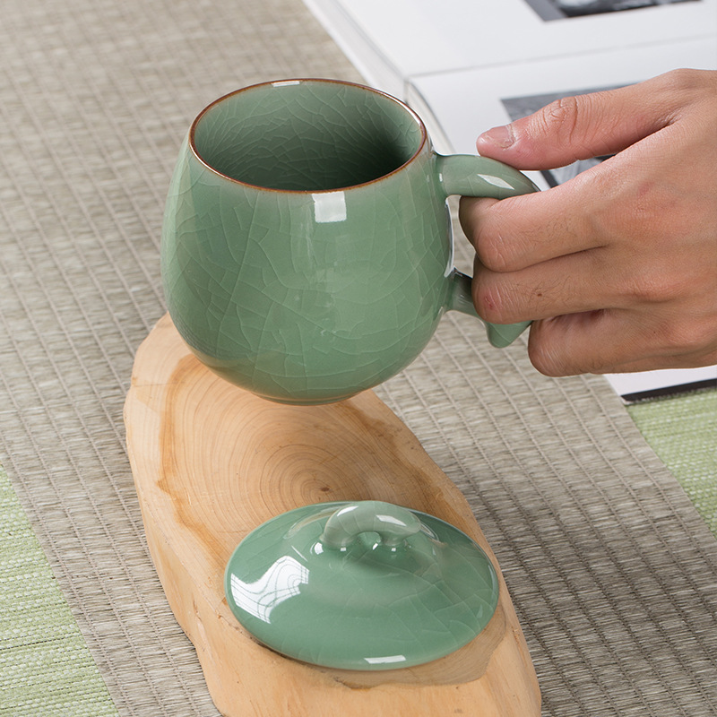 Longquan celadon office make tea cup ceramic keller cup with cover special personal business gift giving water in a cup