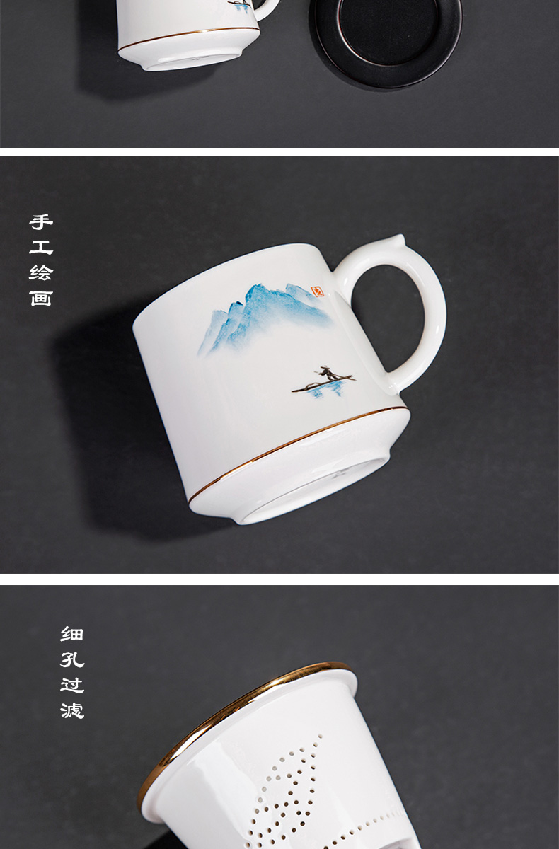 Ceramic hand - made suet jade cup keller cup white porcelain cup with cover office separation tea tea cup