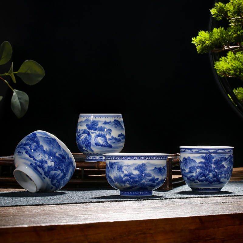 . Poly real one thousand fire scene jingdezhen blue and white porcelain ceramic cup single hand - made manual landscape to use large kung fu