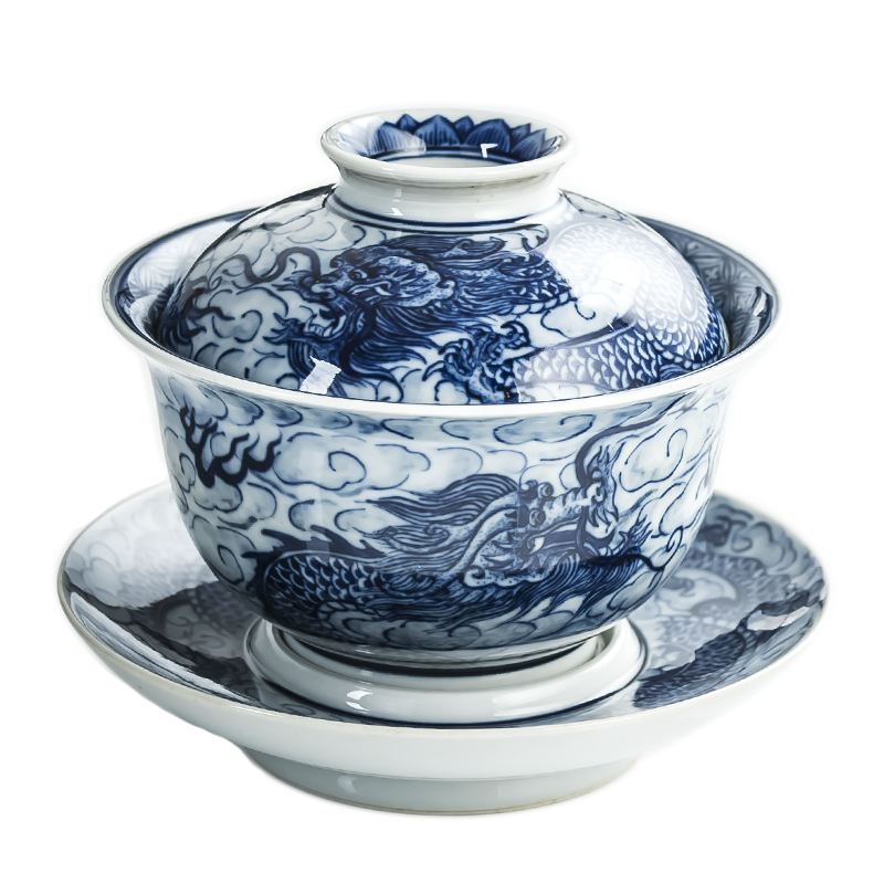 Poly real scene of jingdezhen blue and white tureen longteng grain pure manual hand - made maintain three tureen kung fu tea tea bowl