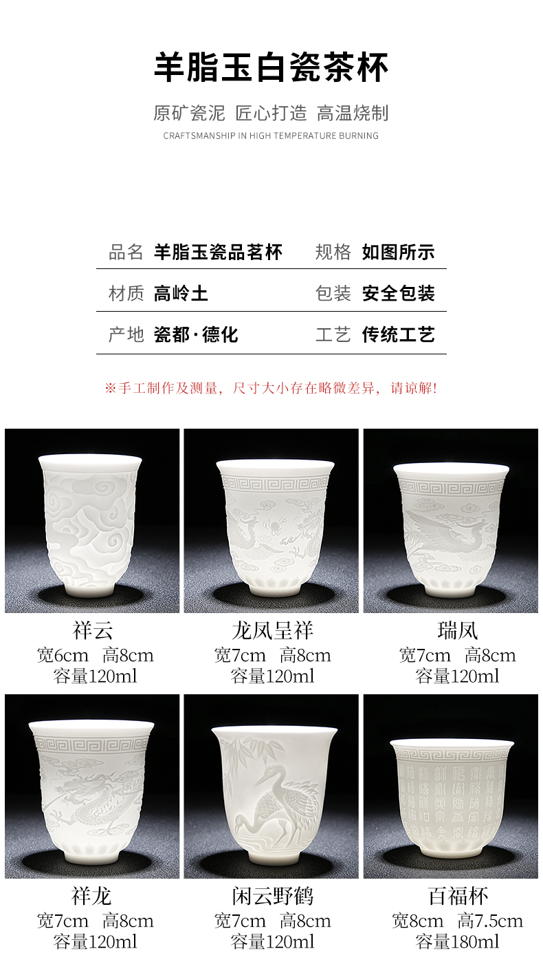 Dehua manual suet jade white porcelain kung fu tea tea set single cup tea masters cup ceramic sample tea cup, tea bowl