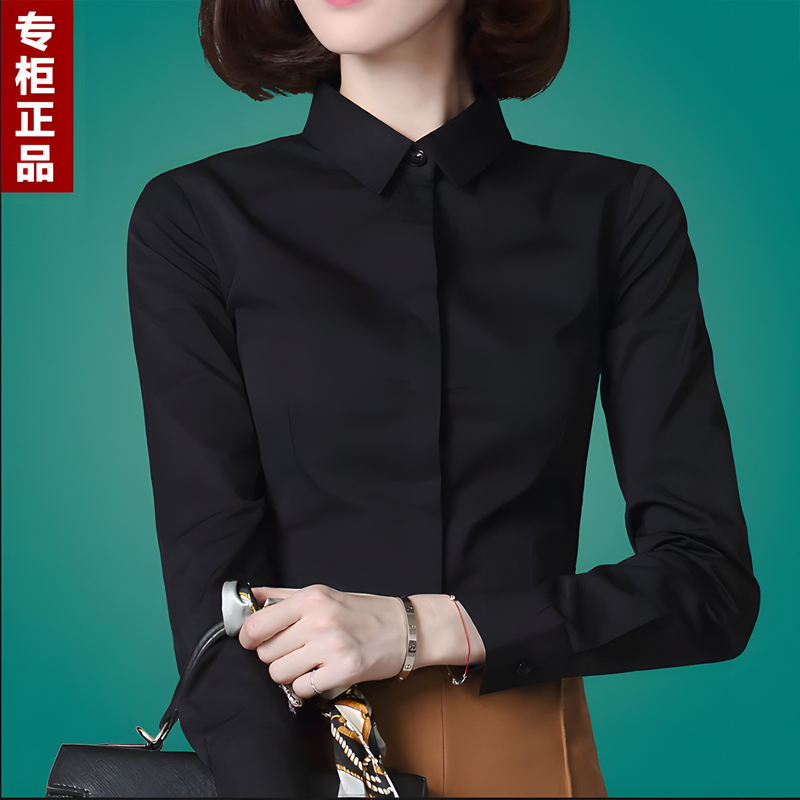 Elastic Bamboo Fiber Black Shirt for Women, Long-Sleeved, Spring and Autumn Business Professional Workwear, Hidden Placket, Blue Shirt, Anti-Exposure