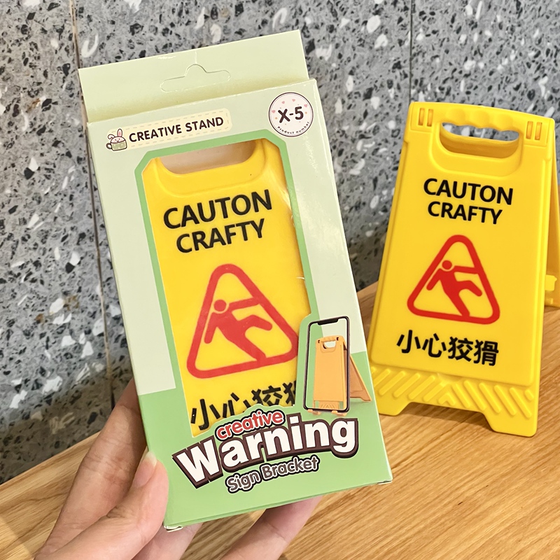 Caution: Cunning Warning Sign Phone Holder Abstract Creative Niche Storage Stand Ornament Desktop Decoration Small Gift
