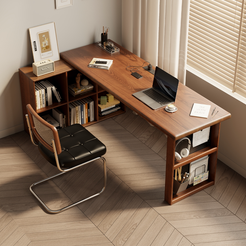 Solid Wood Large Board Movable Desk Study Corner Bookcase Table Natural Wood Office Home Computer Desk Writing Desk