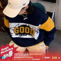 Beautiful store meihaostore blue and yellow stitching GOOD cloth embroidered sweater autumn winter plus velvet print pullover