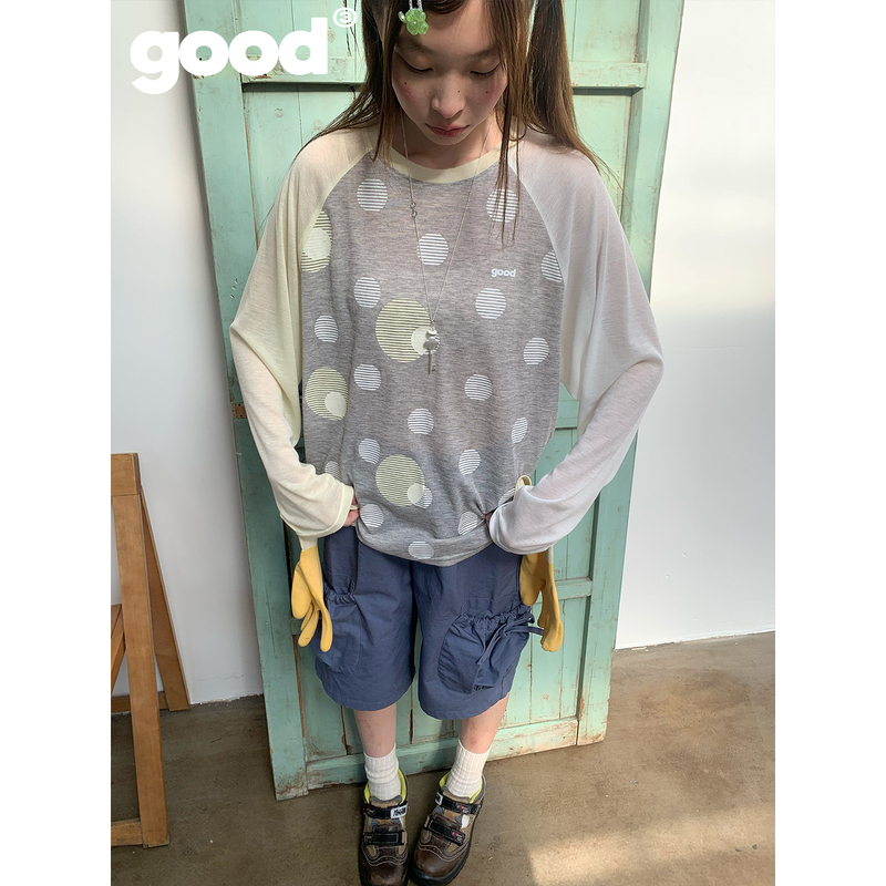 Meihaostore "Light through the Shutters" Yellow, Gray, and White Patchwork Raglan Sleeve Long Sleeve T-Shirt Meihaostore "Light through the Shutters" Yellow, Gray, and White Patchwork Raglan Sleeve Long Sleeve T-Shirt