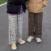 Beautiful store MeihaoStore coffee gray plaid good embroidered woolen pants straight loose trousers