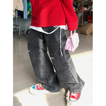 Good store MeihaoStore two-color good embroidery stitching jeans straight casual pants men and women of the same style