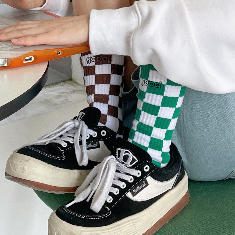 Nice store MeihaoStore green chessboard Good embroidery knit socks pure cotton plaid pantyhose
