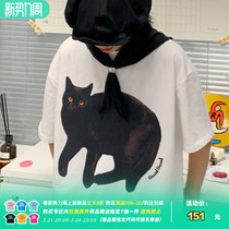 Nice store MeihaoStore white American cute black kitten digital printed pure cotton short sleeve t-shirt