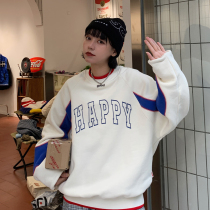 Good store MeihaoStore retro autumn and winter plus velvet sweater happy printing color crew neck jacket