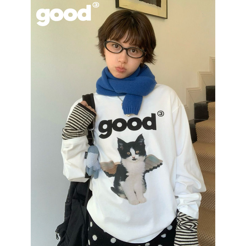 Meihaostore'Angel Arrives' Good Milk Cow Kitten Pure Cotton Brushed Long-Sleeved T-Shirt
