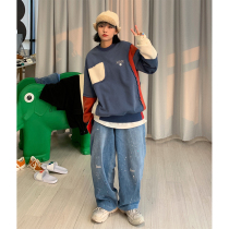 Beautiful store meihaostore retro three-color stitching old raw edge pullover plus thin velvet sweater male couple