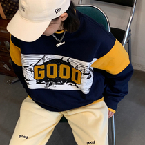 Good store meihaostore blue and yellow stitching GOOD patch embroidered sweater autumn and winter plus velvet printed pullover