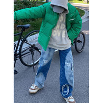 Beautiful Store MeihaoStore Tears Series Embroidery Fabric Fury Side Wash Casual Pants Jeans