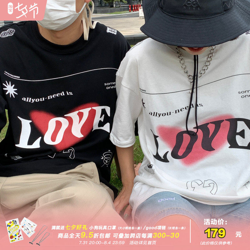 Nice store MeihaoStore white LOVE ultraviolet light discoloration loving pure cotton short sleeve T-shirt lovers