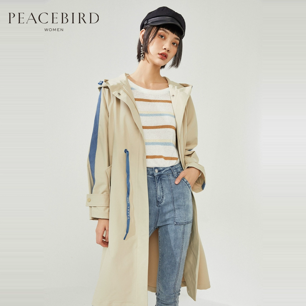 Áo khoác nữ màu tương phản của Peacebird Phụ nữ 20 Mùa xuân Áo trùm đầu dài tay Áo khoác kaki rộng vừa phải - Trench Coat