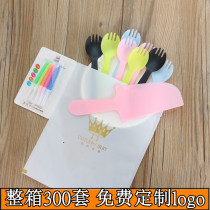 300 Sets Disposable Knife Fork Birthday Cake Knife Fork Dish Plastic Knife Fork Tray Candle Suit 4-in-One