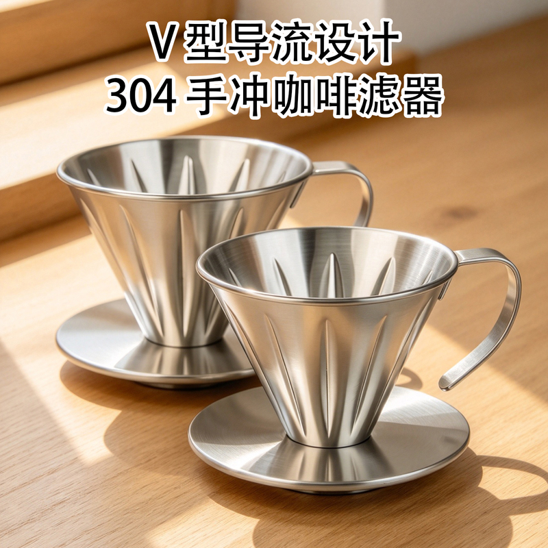 V01/V02 Stainless Steel Vertical Stripe Tapered Hand-Brewed Coffee Filter Household Drip-Type V-Shaped Coffee Filter Cup