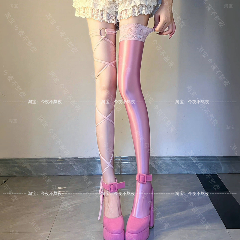 Don'T Stay up Late Tonight, Pure Desire Pink Glossy Lace-Up Thigh-High Stockings for Women, Sexy Lace Trim, Beautiful Legs Over-The-Knee Socks