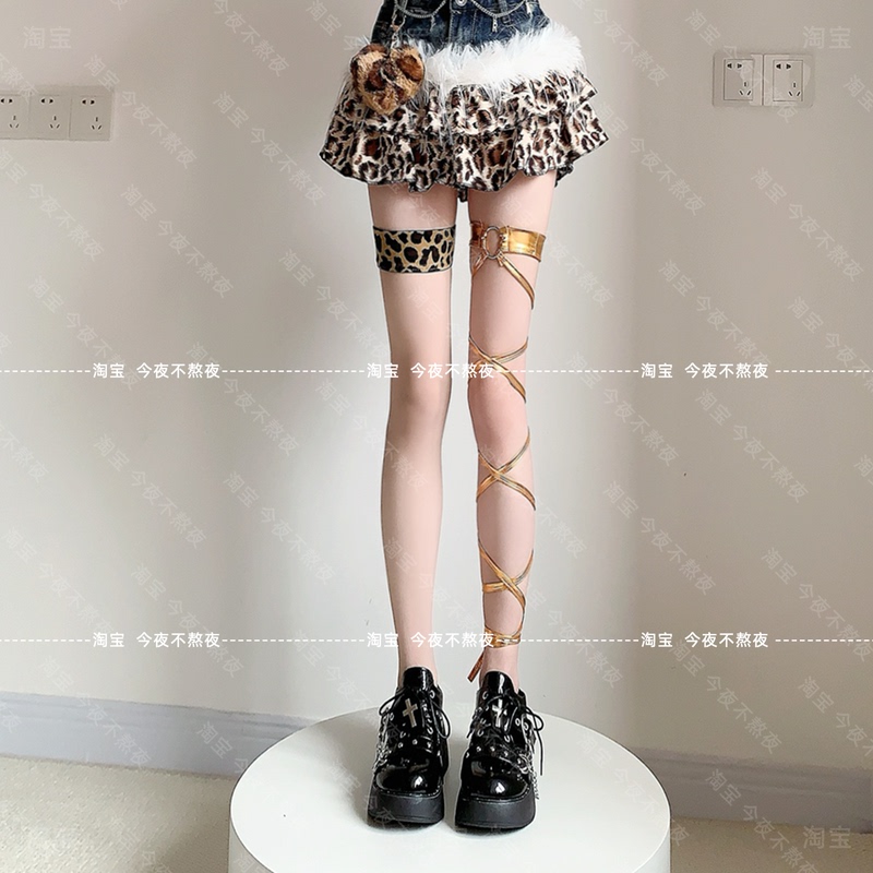 Don'T Stay up Late Tonight Y2K Millennial Hottie Leopard Print Strappy Over-The-Knee Socks Gold Leg Rings Thigh-High Socks Disco Music Festival Don'T Stay up Late Tonight Y2K Millennial Hottie Leopard Print Strappy Over-The-Knee Socks Gold Leg Rings Thigh-High Socks Disco Music Festival