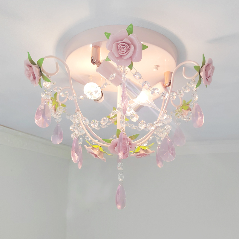Pastoral Romantic Bedroom Ceiling Lamp Pink Princess Girl's Room Lamp Wrought Iron Lamp Rose Flower Cloakroom Lamp Foyer Lamp