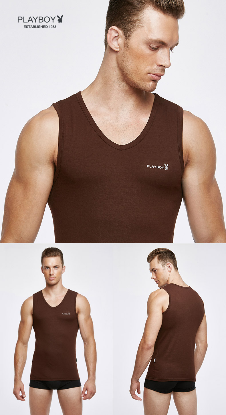 Playboy Men V-cổ rộng Vai Vest Cotton Đồ lót Thể dục Mùa xuân Mùa hè Thể thao Không tay Vest Nam áo dây mặc vest