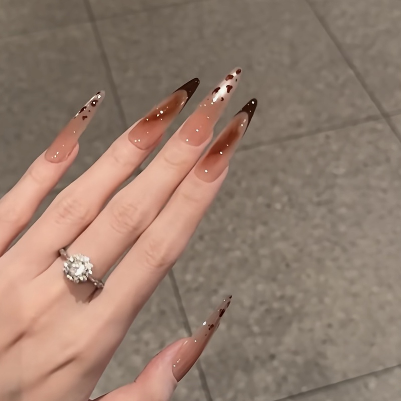 Purely Handmade Wearable Nails, New Autumn and Winter Leopard Print Gradient Nail Art Finished Product, High-End Whitening Fake Nail Patches, Long Style