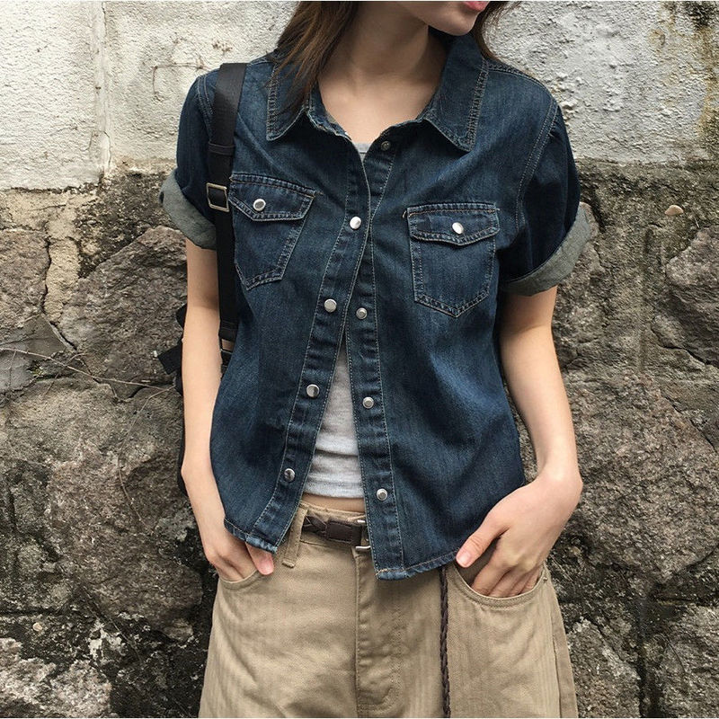 Vintage Denim Pocket Short-Sleeve Shirt for Women 2025 Summer American Casual Loose Slimming Versatile Short Top Trendy