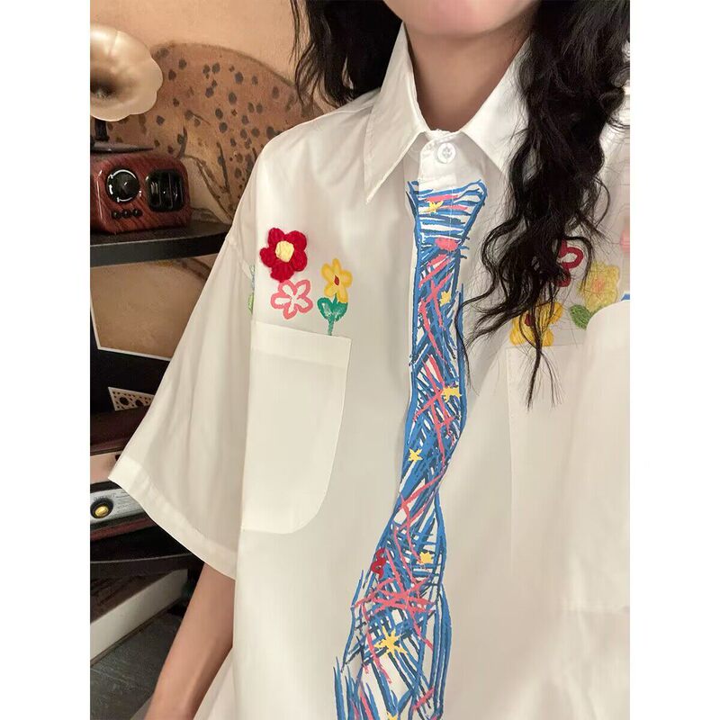 【Premium】 New Models on the Market ◆ 2026 Summer Unisex American-Style Crayon Hand-Painted Tie Flower Short-Sleeved Shirt Trendy 【Premium】 New Models on the Market ◆ 2026 Summer Unisex American-Style Crayon Hand-Painted Tie Flower Short-Sleeved Shirt Trendy