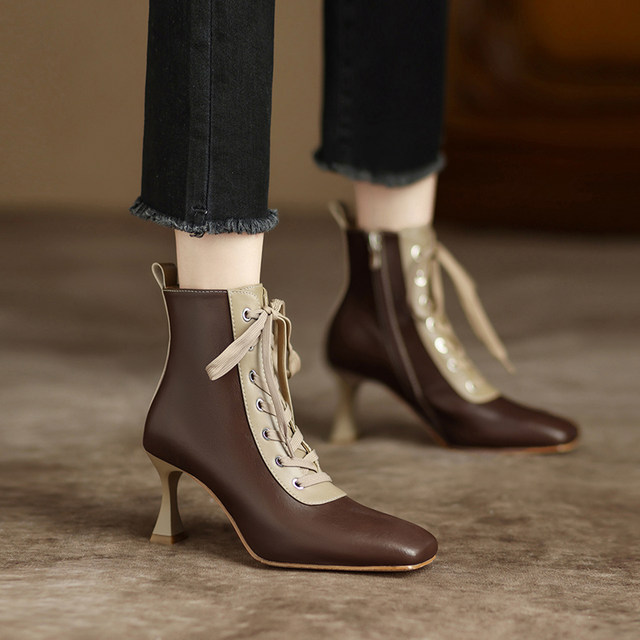 Xiaoxiangfeng leather comfortable lace-up high-heeled single boots women's 2022 autumn and winter new French temperament gentle thin-heeled ankle boots